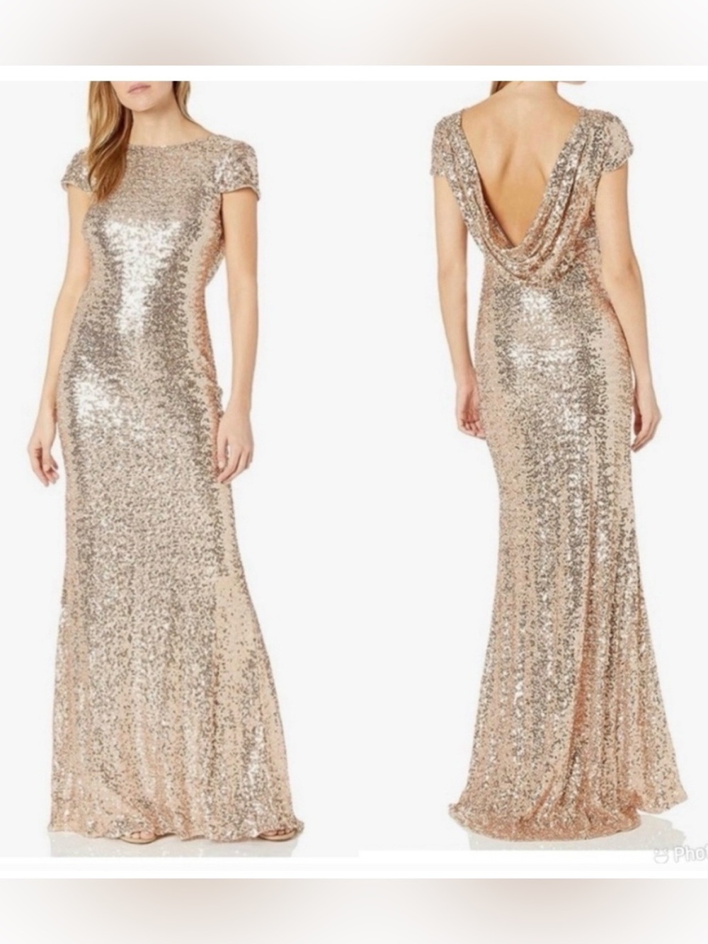 Sequin Cowl-Back Evening Gown - Gold